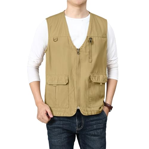 PRIJOUHE Mens Casual Cotton Vest Lightweight Outdoor Fishing Utility Vest - color: 04-khaki, size: X-Large