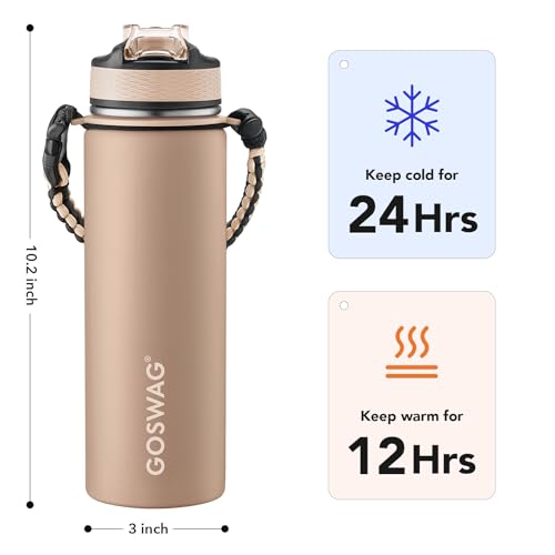 GOSWAG 24oz Insulated Stainless Steel Travel Water Bottle, 2 Lids - color: Matte Latte Brown