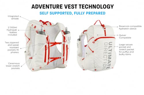 Ultimate Direction Adventure Vest | 17 Liter Capacity Hydration Pack for Running, Hiking & Fastpacking - Includes 2 Soft Flasks - color: White, size: Medium