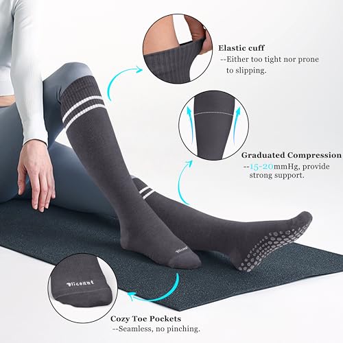 Cotton Compression Socks Women&Men with Grips Non Slip 15-20mmHg Knee High Graduated Sock for Nurse, Pregnancy, Yoga - color: 02-3 Pairs-black White Gray, size: XX-Large