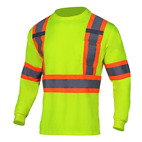 VENDACE Men's High Vis Safety Work T Shirt ANSI Class 2 Reflective Long Sleeve Shirt with Pocket(Yellow,M) - color: Yellow, size: Medium
