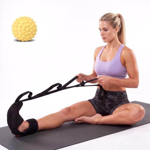 Calf Stretching Strap for Plantar Fasciitis, Foot Stretcher Night Splint for Heel Spurs, Foot Drop, Achilles Tendonitis & Hamstring, Yoga Foot & Leg Stretch Strap with Yellow Massage Ball - color: Black with Yellow Ball