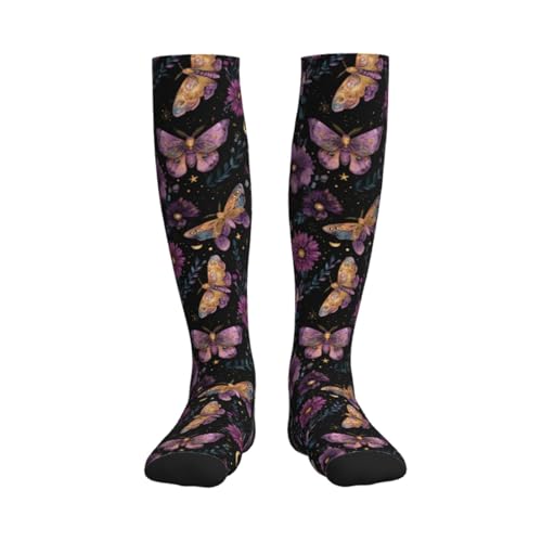 Cute Compression Socks Knee High Support Stockings Women Men - color: Purple Moth Flower