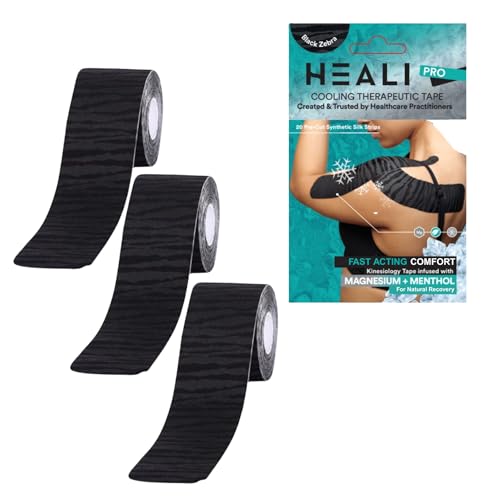 Heali Kinesiology Tape 3 Pack, Magnesium & Menthol Infused, Elastic Sports Tape, Shoulder, Knee, Elbow, Ankle, Waterproof, Latex Free, Muscle Recovery, K Tape, Black Zebra - color: Black Zebra, size: 3-Pack