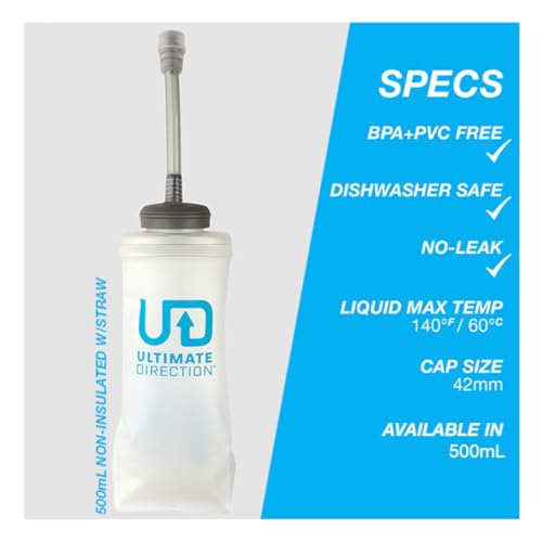 Ultimate Direction 2023 Body Bottle Collapsible Soft Side Water Bottle with High Flow Valve, Insulated or Non-Insulated, 450mL – 500mL