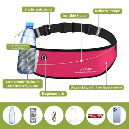 SooGree Slim Running Belt Fanny Packs for Women Men,Water Bottle Holder Hydration Fanny Pouch,Waterproof Sport Waist Pack with Reflective Strip,Runner Belt Bag for Running Cycling Camping Gym (Pink) - color: Pink
