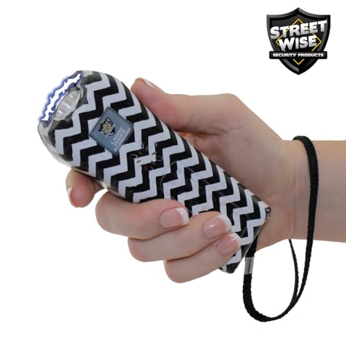 Streetwise Ladies’ Choice Stun Gun for Women - Rechargeable Device with Alarm, LED Flashlight, Safety Disable Pin & Built-in Charger - Personal Safety Tool with Holster & Lanyard - style: Black/White Chevron