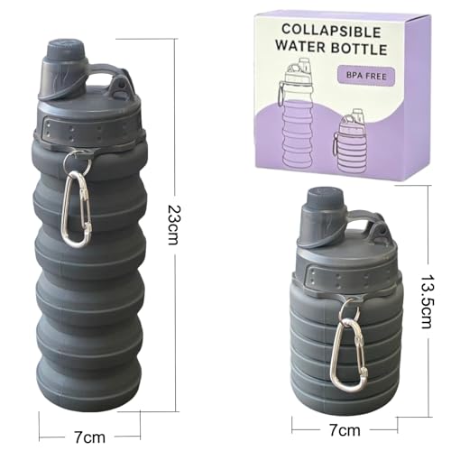 Collapsible Water Bottles Travel water bottle Sports Portable Sport Water Bottle Reusable Water Bottles comes with mountaineering Buckle 500ml silicone Water-proof camping water bottle - color: Purple+Grey, style: 2 pack