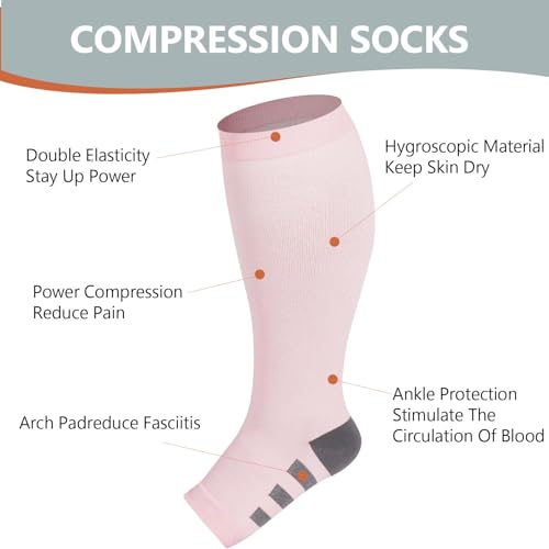 Abodhu Plus Size Compression Socks Open Toe Compression for Women& Men 15-20mmHg Wide Calf Knee High Toeless Compression Sock - color: Baby Pink, size: 5X-Large-6X-Large