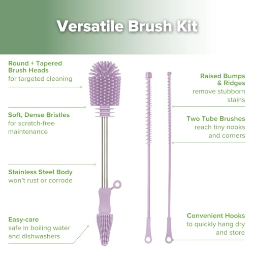 Haakaa Silicone Cleaning Brush Kit,Lavender,Portable Bottle Brush Cleaner - color: Lavender, size: 3 Piece Set
