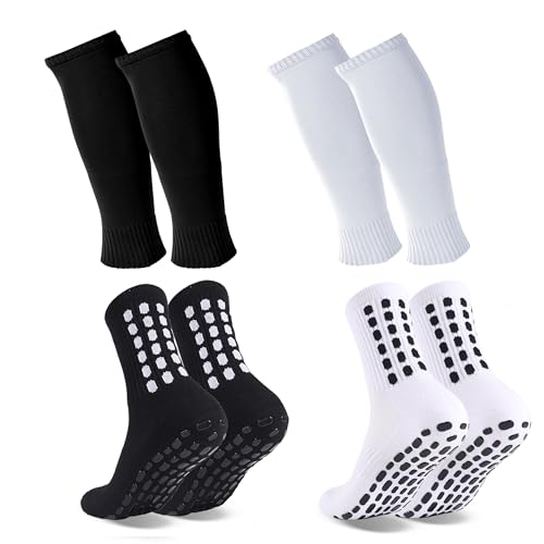 Barrlves 2 Set Grip Soccer Socks and Shin Guard Sleeves Non Slip Soccer Sleeve Socks for Men Women - color: Black&White