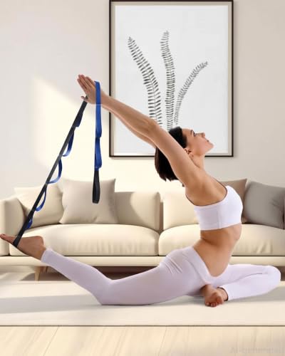 10 Loop Yoga Stretching Strap for Physical Therapy - Non-Elastic Exercise Band for Pilates, Yoga, Stretching for Women & Men - color: Black+Blue