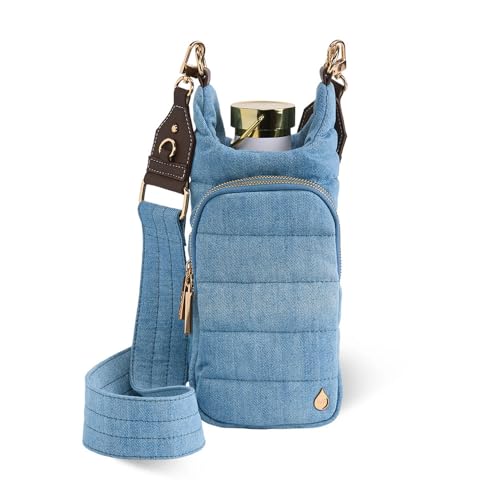 WanderFull® Original HydroBag®, Fits Up to 32 oz Water Bottle Holder with Strap, Gift for Women, Hands-Free Crossbody, Water Bottle Carrier Bag with Phone Pocket - color: Denim