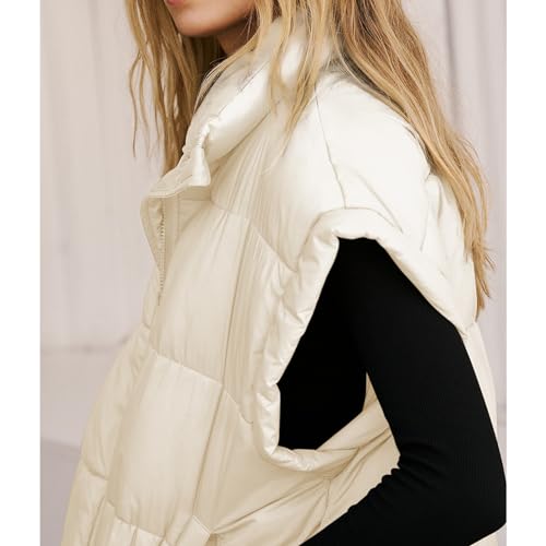 Songling Womens Oversized Puffer Vest Stand Collar Full Zip Sleeveless Bubble Puffer Vest Quilted Padded Warm Coat Outwear - color: Beige, size: X-Small