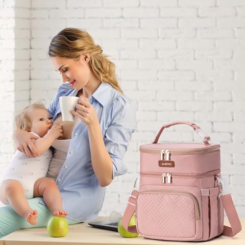 Breastmilk Cooler Bag with Ice Pack Fits 6 Baby Bottles Up to 9 Ounce, Double Deck Leak-Proof Baby Bottles Bag with Shoulder Strap for Nursing & Working Mom, - color: Pink with pocket
