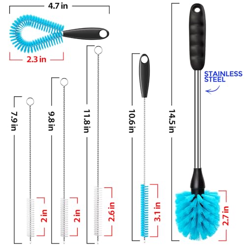 Holikme 6 Pack Bottle Brush 14.5" Long Handle Stainless Steel Brush,Blue