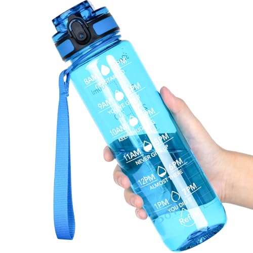 OLDLEY Water Bottle, 32oz Motivational Sports Water Bottle with Time Marker - Times to Drink - Tritan, BPA Free, Wide Mouth Leakproof, Glacial Blue (1 Bottle) - color: A-Glacial Blue