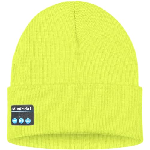 ATNKE LED Lighted Bluetooth Beanie Hat,USB Rechargeable 4 LED Wireless Music Running Headlamp Cap Gift for Men and Women - color: #Fluorescent Yellow