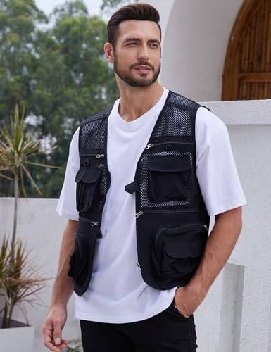 Gihuo Men's Fishing Vest Utility Safari Travel Vests with Multi Pockets - color: Black-mesh, size: Small