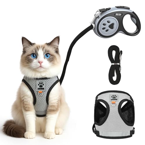 Cat Harness and Leash Escape Proof, Adjustable Kitten Harness and Leash Set for Cats Walking, Step-in Soft Breathable Mesh Vest with Reflective Strips, Lightweight Retractable Dog Leashes 16 Ft - color: Gray Black Harness+Leash, size: Harness-M