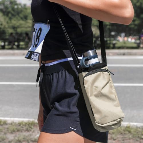 Trail maker Water Bottle Carrier Bag with Strap, Phone Pocket for Walking, Runs, Bike, Stainless Steel, Glass, Plastic - color: Khaki