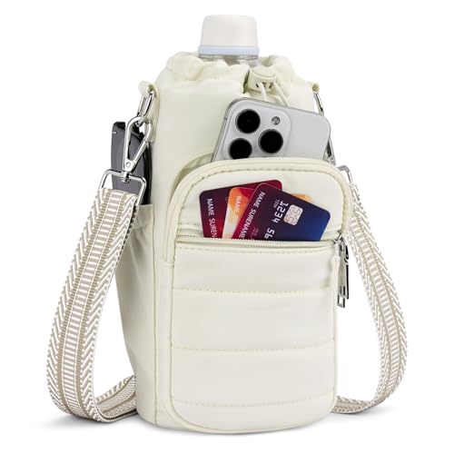 Water Bottle Bag 40 oz Crossbody Holder for Walking Hiking Insulated Carrier Purse with Adjustable Strap - color: Beige