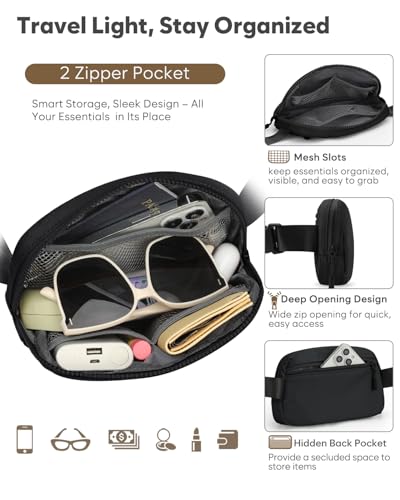 Pritent Fanny Packs for Women Crossbody Belt Bag With Zipper Back Pocket - color: Black, size: Small