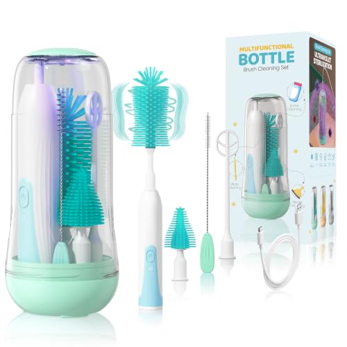 Portable Electric Bottle Brush Cleaner with Storage Box, 4-in-1 Kit - color: Green