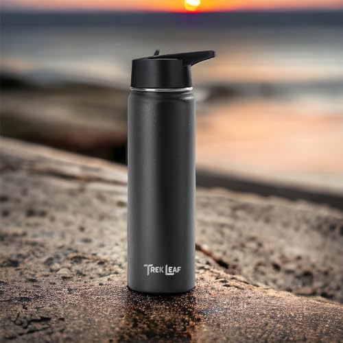 Travel Water Bottle with 3 Lids (Spout, Straw, Flip) Leak Proof, Quality, Vacuum Insulated, Stainless Steel (Black, 22 oz) - color: Black, size: 22 Ounces