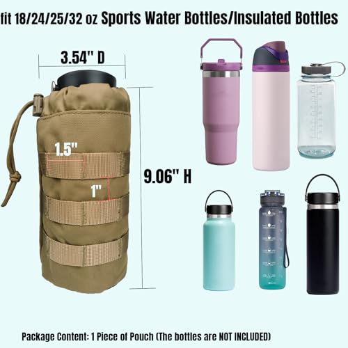 Tactical MOLLE Water Bottle Holder, Upgraded Water Bottle Pouch with Drawstring Open Top & Mesh Bottom, 16/24/25/32oz Water Bottle Carrier Bag with D-Ring Hook for Backpack - color: Brown
