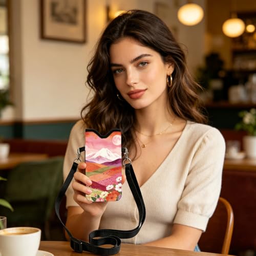 GLOBLELAND Sunset Valley Cell Phone Sleeve Pouch Case Bag 7.1×3.9 inch Moutain Flowers Shockproof Universal Phone Bag with Crossbody Strap Neck Lanyard for Women Men Phone Headphones Watch - color: Sunset Valley
