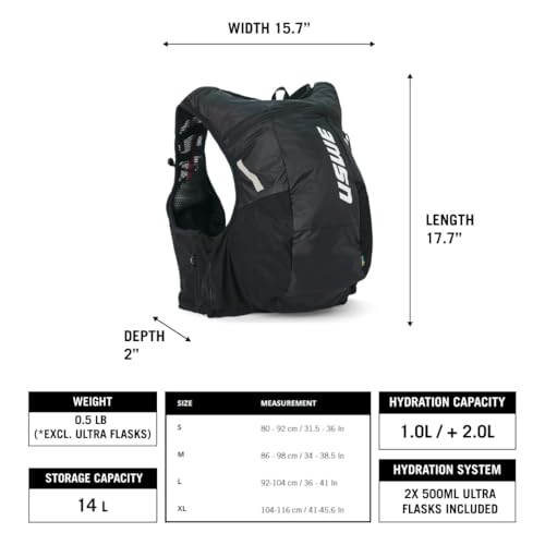 USWE Pace - Running Vest Hydration Pack with 2 x 500ml UltraFlask, Backpack for Men and Women - style: 14L, Black, Small