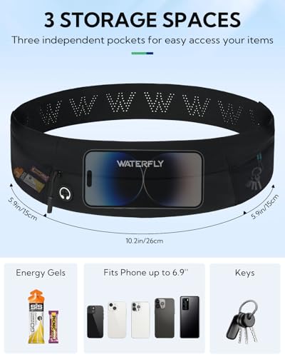 WATERFLY Running Belt Fanny Pack: Slim Lightweight Waist Bag for Runners - color: Black