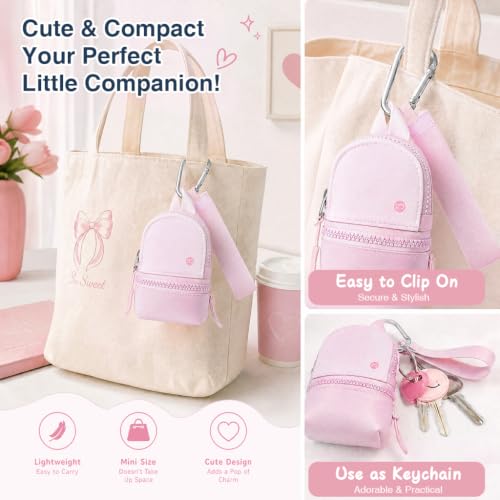 Babysun Mini Backpack Keychain Wristlet Pouch Small Change Coin Purse Cute Zipper Wallet With 3 RFID Card Slots For Women/Men Airpods Cosmetics - color: Baby Pink
