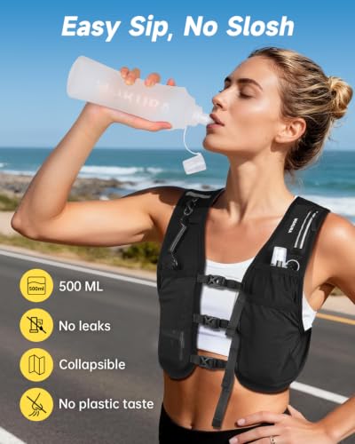 MOKURA Running Vest for Women Men with 500ML Soft Flask & Phone Holder - color: Black, size: Medium