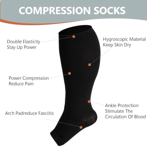Abodhu Plus Size Compression Socks Open Toe Compression for Women& Men 15-20mmHg Wide Calf Knee High Toeless Compression Sock - color: Black, size: 5X-Large-6X-Large