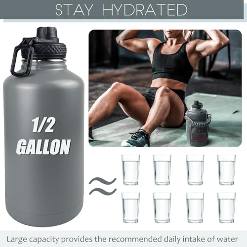 DEFUNX 64 Oz Water Bottle with Sleeve - Half Gallon Insulated Water Jug with Handle - Stainless Steel Sports Bottle for Gym Workout Hiking Glacier Grey - color: Grey Bottle with Glacier Grey Sleeve, style: 64 Oz Water Bottle