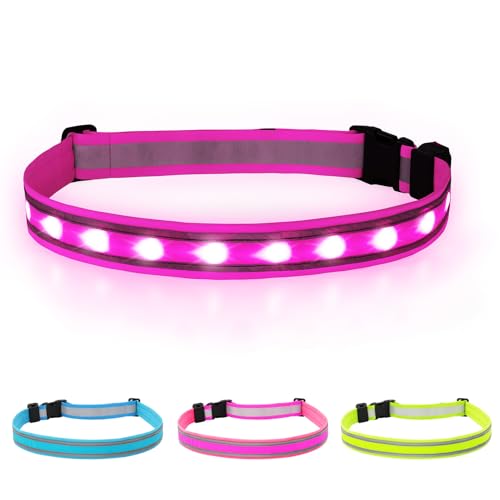 BSEEN LED Running Waist Belt - USB Rechargeable Reflective Glowing LED Waistband, Flashing Safety Light Belt for Runners, Joggers, Walkers, Pet Owners, Cyclists - color: Candy Pink