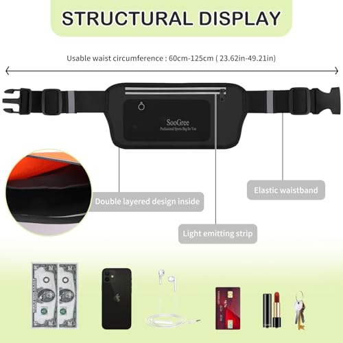 SooGree Running Belt Fanny Pack for Women Men Waterproof Waist Pack Runners Bag Slim Money belt Phone Holder for Sports Hiking Traveling Adjustable Strap Workout Pouch Lightweight Walking Jogging - color: Black, size: 1188