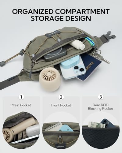 WATERFLY Small Fanny Pack RFID Blocking Travel Hiking Crossbody Waist Bag - color: Gray-Green