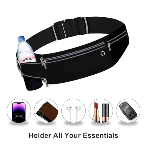 Slim Running Belt for Women Men,Runners Fanny Pack Phone Holder,Money Belt,Running Gear Accessories,with 3 Pockets (Jet Black) - color: Jet Black