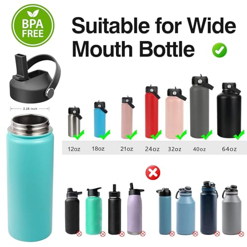 Straw lid for Hydroflask Wide Mouth Water Bottle,Flex Straw Lid Compatible with Hydro Flask 12 16 18 20 32 40 64 oz,Sports Straw Cap Flip Top Lid Water Bottle Lid Accessories… - color: Black 2