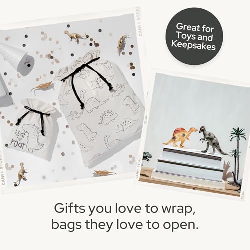 Gather & Knot Drawstring Gift Bags | Premium Canvas | 20" Large 12" Small | Reusable Fabric Wrap for Baby Shower or Boy Birthday | Dinosaur - color: Dinosaur