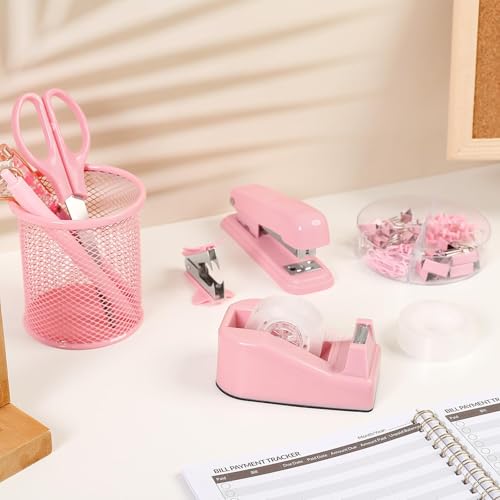 SKYDUE Pink Stapler and Tape Dispenser Set, Pink Office Desk Accessories - color: Pink