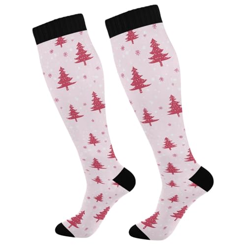 Snowflake Red Christmas Compression Sock for Women Men Funny Support Knee High Socks Running,Nurses,Travel - color: Christmas Pink Tree