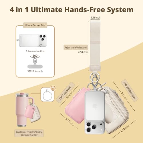 Dual Pouch Wristlet Keychain Wallet for Women, Coin Purse with RFID Blocking, Nylon Phone Wallet & Card Holder - color: Creamy Beige+Blush Pink