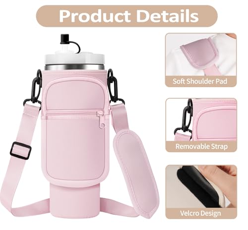 AceTreker Water Bottle Carrier Bag with Strap for Stanley 40/30 oz Tumbler Neoprene Insulated Cup Holder Sleeve with Phone Pocket & Straw Cover for Stanley Cup Accessories - color: 01-Classic Light Pink, style: 40 Oz