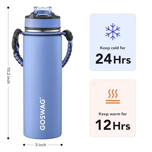 GOSWAG 24oz Insulated Stainless Steel Travel Water Bottle, 2 Lids - color: Matte Icy Blue