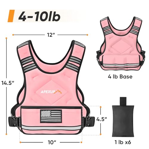 APEXUP Adjustable Weighted Vest, 4-10lb/12-18lb/20-32lb Vest with 6 Ironsand Weights and Large Pocket, Weight Vest for Men Women Strength Training, Running, Walking - color: Pastel Pink, size: 4-10lbs