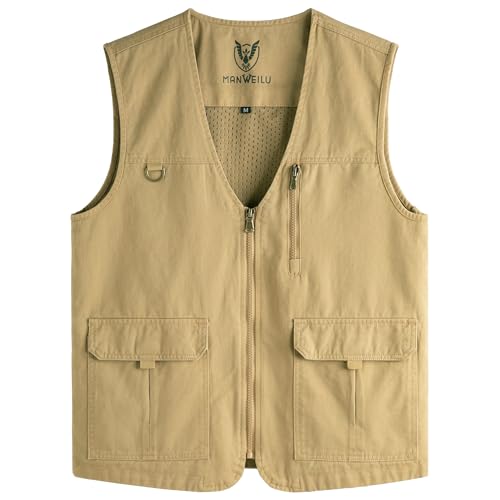 PRIJOUHE Mens Casual Cotton Vest Lightweight Outdoor Fishing Utility Vest - color: 04-khaki, size: X-Large